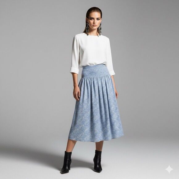 J.Crew Liberty Blue White Floral Smocked Midi Skirt L Cottagecore Boho Coastal - Picture 1 of 14